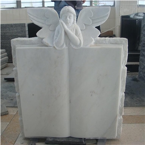 White Marble Angel Gravestone with Book Design Headstone, Hunan White Marble Gravestone