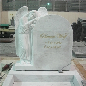 White Marble Headstone with Angel Carving Monument