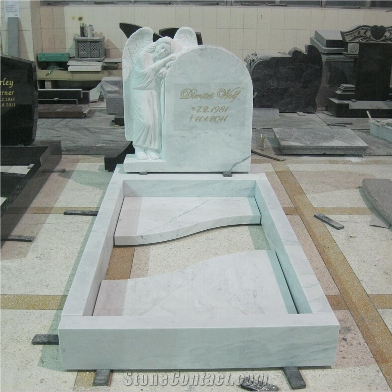 White Marble Headstone with Angel Carving Monument