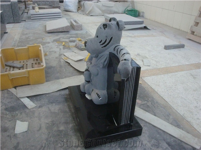 Children Headstone Granite Monument with Bear Statue, Black Granite Monument & Tombstone