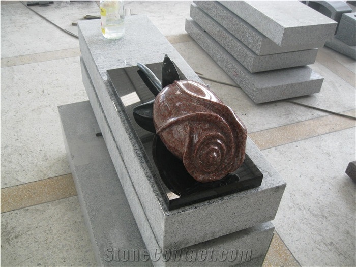 Red Granite 3d Rose Flower Carving Headstone & Tombstone & Monument