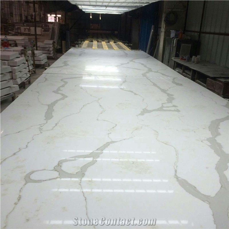 Calacatta White Based Quartz Stone Solid Surfaces Polished Slabs And