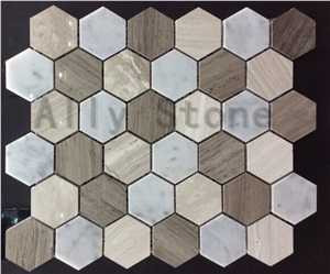 Carrara White Marble +Wooden Whit Marble E+Wooden Grey Marble Mixed 2"Hexagon Mosaic Polished