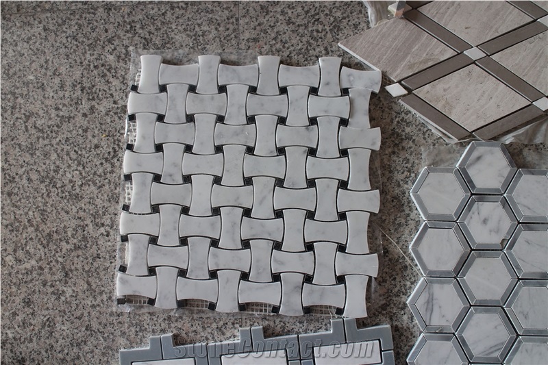 Carrara White+Nero Bone Shape Basketweave Mosaics