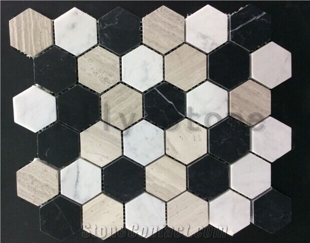 China Wooden White Marble + Carrara Whitemarble + Nero Mixed 2"Hexagon Mosaic Polish
