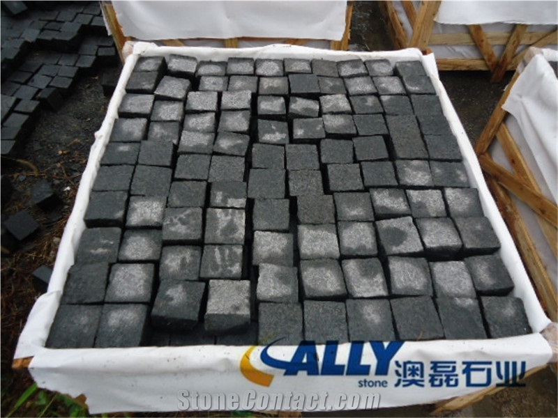 G684 Black Basalt Cube Stone & Paving Stone on Net, Paving Stone on Net, Basalt Cobble,