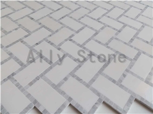 Moon Stone+Pure White Marble Joint Tight Herringbone Mosaics