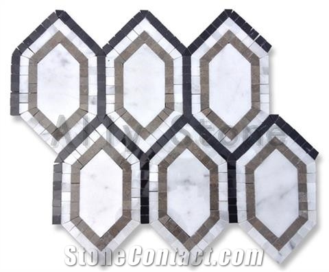 Nero+Carrara White+Grey Marble Joint Tight Special Hexagon Mosaics
