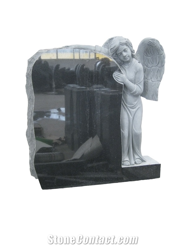 Shanxi Black Granite Angel Headstone, Monuments with Angel Statue Carving, Family Double Monuments Tombstones