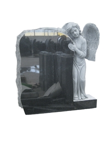 Shanxi Black Granite Angel Headstone, Monuments with Angel Statue Carving, Family Double Monuments Tombstones