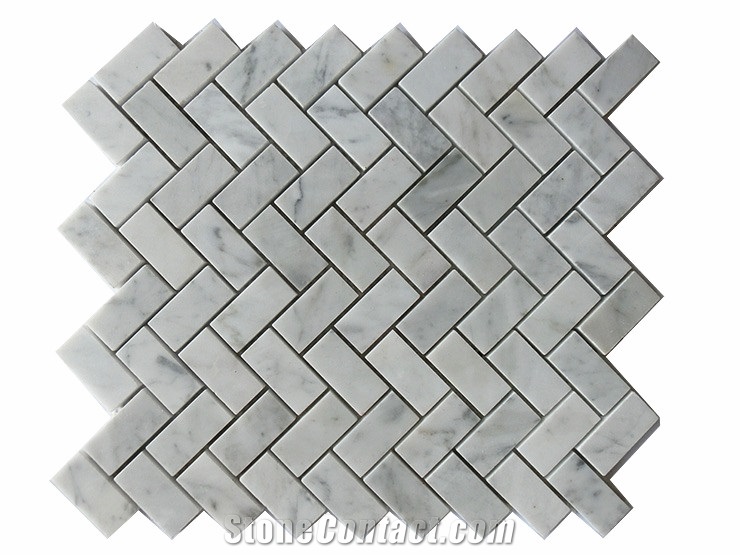 Honed 5/8 **1 1/4 Herringbone Bianco Carrara White Marble Mosaic Tile