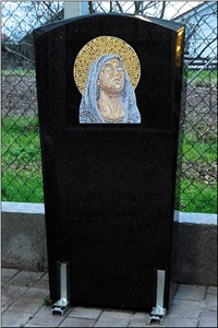 Absolute Black Granite Headstone Custom Design Madonna Portrait with Byzantine and Roman Techniques