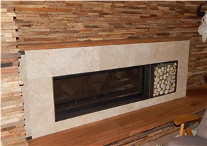 Rustic French Limestone is a Perfect Match to the Rustic Wood That Clads the Fireplace, Beige Limestone Fireplace Background