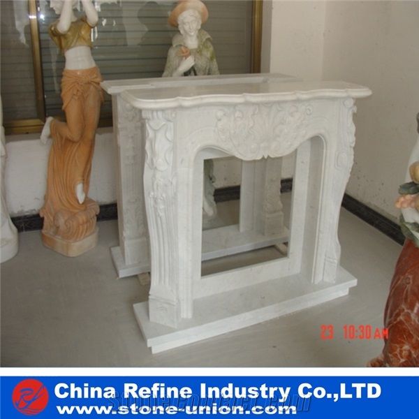 Hand Carving Craft Sculptured White Marble Fireplace Mantel
