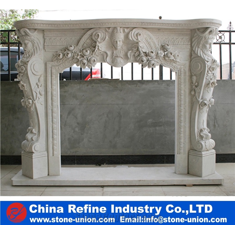 White Marble Carving Sculptured Fireplace Mantel