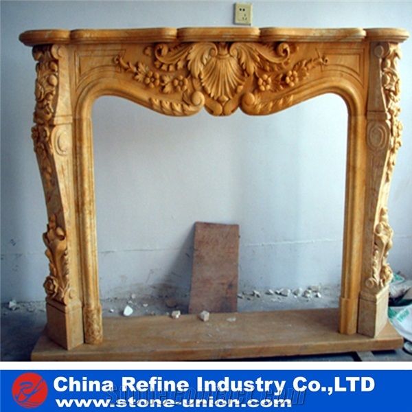Yellow Beige Hand Carving Craft Marble Fireplace Mantel Decoration