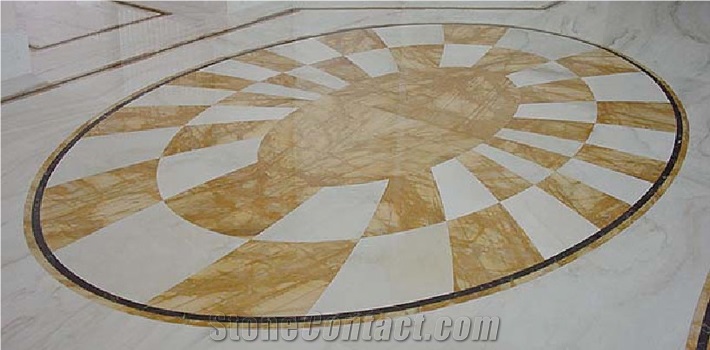 Giallo Siena Marble and Carrara White Marble Waterjet Floor Medallion