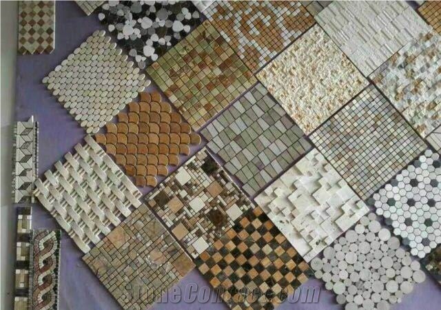 Chinese White Marble+Yellow Marble+Black Marble Split Face Mosaic,Square or Fan Split Face Mosaic