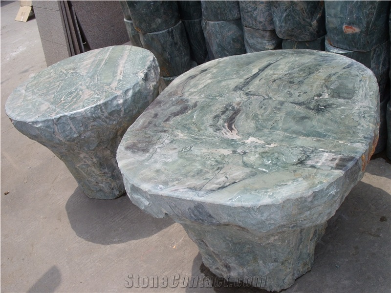 Marble Table Sets,Green Marble Garden Round Table and Stone Bench,Outdoor Stone Benches