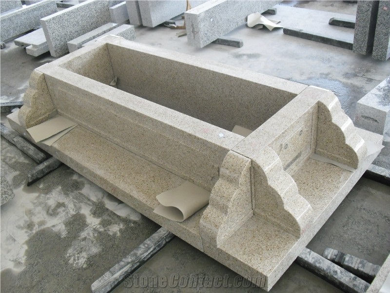 China G682 Rustic Yellow Coffin/ Sunset Gold Granite Tombstones, Headstones, Monuments Of French Style with Special Shapes
