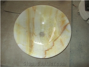 China Popular Luxury White Onyx with Yellow Lines/Vein Round Polished Wash Basin/Bowl Sinks for Bathroom, Hotel, Shopping Mall Toilet Decoration