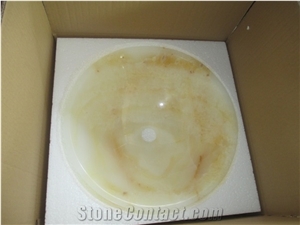 China Popular Luxury White Onyx with Yellow Lines/Vein Round Polished Wash Basin/Bowl Sinks for Bathroom, Hotel, Shopping Mall Toilet Decoration