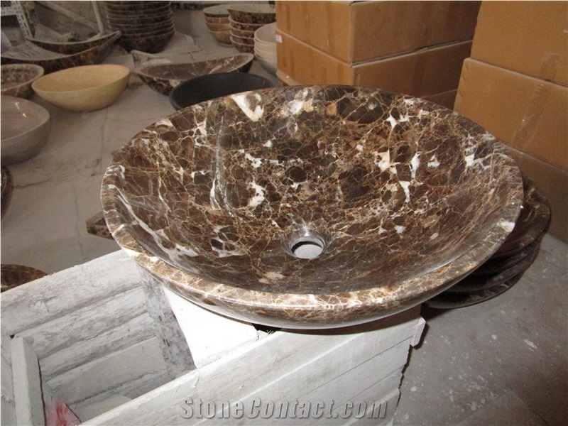 Dark Emperador Brown Marble Round Bowls Wash Basins, Sinks for Bathroom
