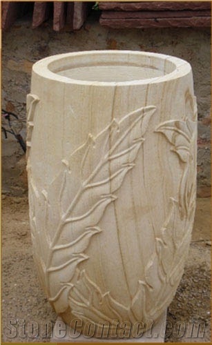 Beige Stone Flower Pot, Teak Wood Sandstone Flower Pot