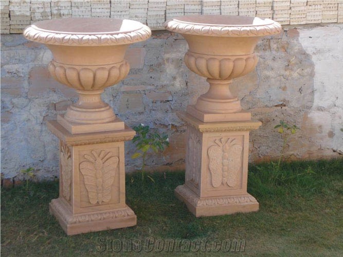 Pink Stone Flower Pot, Dholpur Pink Sandstone Flower Pot