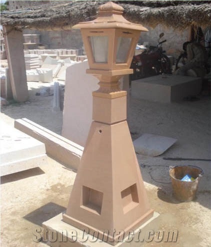 Stone Garden Lamp, Dholpur Pink Sandstone Lanterns India