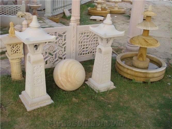 Stone Garden Lamp, Mint White Sandstone India Lanterns