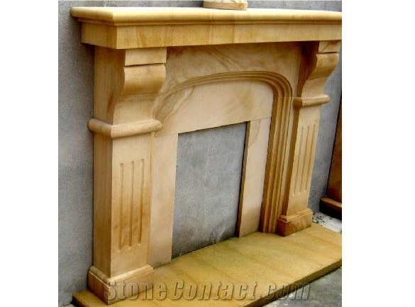Yellow Stone Fireplace, Teak Wood Sandstone Fireplace