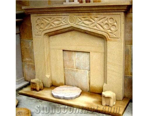 Yellow Stone Fireplace, Teak Wood Sandstone Fireplace