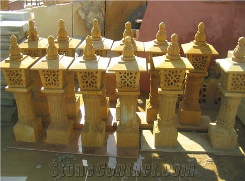 Yellow Stone Garden Lamp, Teak Wood Sandstone India Lanterns
