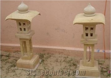 Yellow Stone Garden Lamp, Teak Wood Sandstone Lanterns India