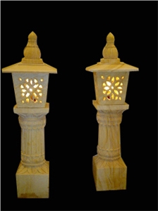 Yellow Stone Garden Lamp, Teak Wood Sandstone Lanterns