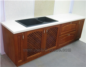 Pure White Quartz Stone Kitchen Top with Quartz Stone Sink and Cabinet