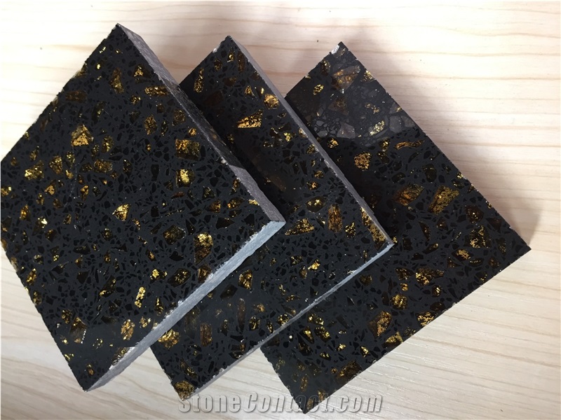 Black Golden Series Quartz Stone Easy-To-Clean and Resistant to Stains,Heat and Scratches for Multifamily/Hospitality Projects Like Flooring&Walling&Countertop&Stairs and Steps