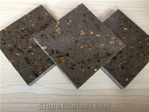 Bst F0085 Golden Series China Brown Quartz Stone Tiles & Slabs for Kitchen Countertop,Non-Porous, Easy Maintenance,Standard Sizes 126 *63 and 118 *55 with Top Guaranteed Quality More Durable Than Gran