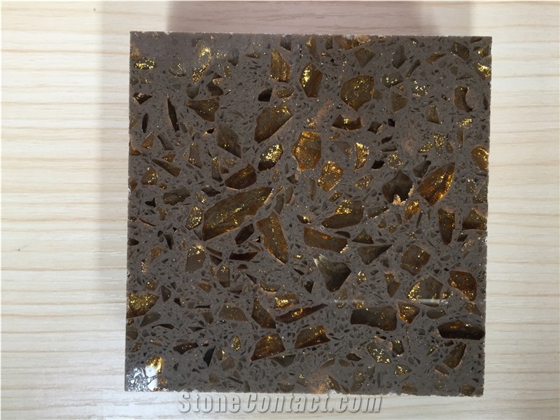 Experienced Supplier Of Artificial Quartz Stone Bath Top ,Golden Series Kitchen Countertop in Custom Design,Normally Produced Sizes 118*55 Inch and 126*63 Inch