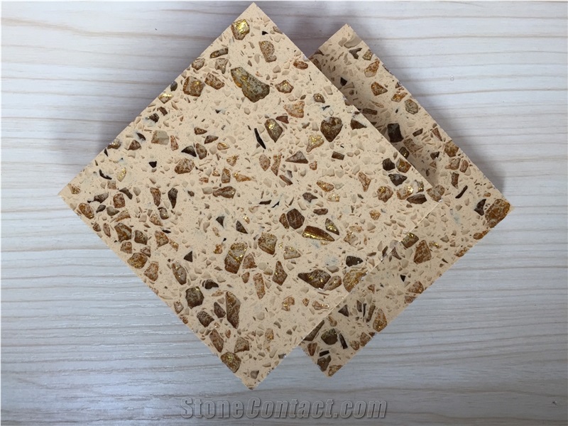 Golden Series Artificial Quartz Stone Slab&Tile Of Low Water Absorption But Cheap Pricing Suitable for Worktop and Kitchen Countertop Projects More Durable Than Granite Thickness 2cm or 3cm