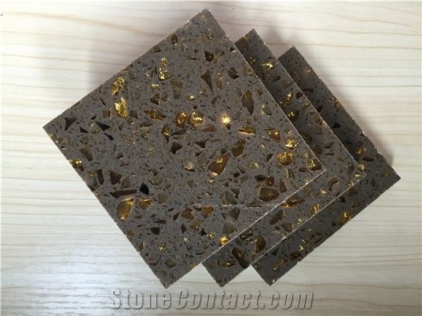 Wholesale China Man-Made Brown Quartz Stone Slabs & Tiles for Golden Series Of F0085 with Iso/Nsf Certificate,Normally Produced Size 118*55 and 126*63,For Vanity Surround,Kitchen Countertop More Durab