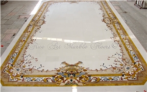 Crema Marfil Ivory Marble Stone Waterjet Medallion Pattern Cutting, Fine Art Marble Floors Ltd