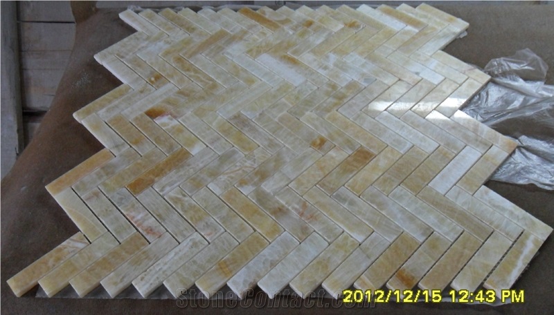 Hot Honey Onyx Polished Wall Herringbone Mosaic Tiles, Yellow Onyx Mosaic
