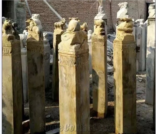 Antique Handstone Carving Columns Pillars, Historical Stone Carving