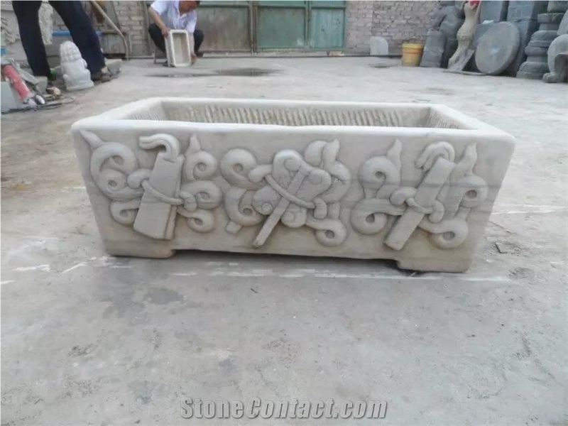 Antique Stone Carving Old Planter Fish Pool Flower Pot, Hostorical Carving Stone