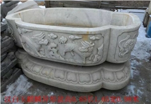 Antique Stone Carving Old Planter Fish Pool Flower Pot, Hostorical Carving Stone