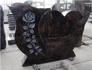 Aurora Granite Tombstone with Flower Carving,Headstone with Rose Design.
