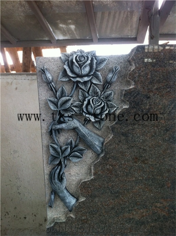 Bevel Headstones Brown Granite Flower Monuments & Tombstone, German Style Tombstone,Carving Monument