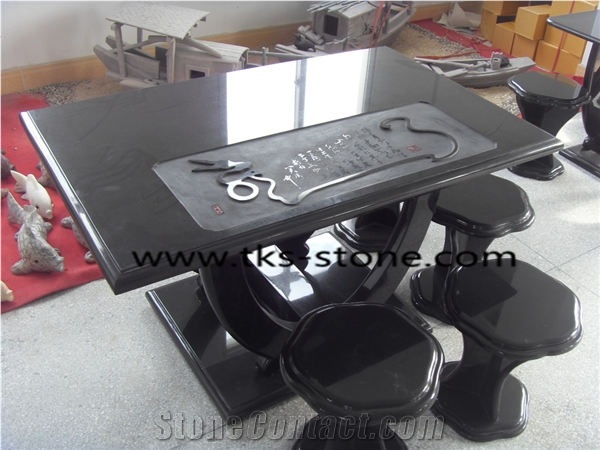 Black Granite Bench & Table,Stone Table Sets Caving,Black Granite Furniture,Table and Chairs Sculptures